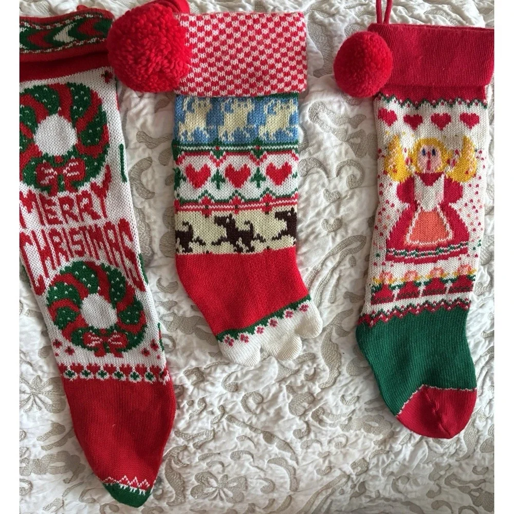 3 Vintage CHRISTMAS Stockings knit Dog, Santa/Carolers/Toys Merry Christmas 1960